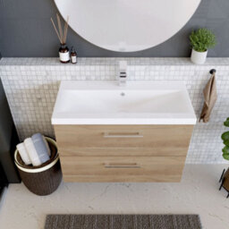 Balterley Contemporary Bathroom Wall Hung 2 Soft-Close Drawer Vanity Unit & Mid-Edge Ceramic Basin, Bleached Oak, 800 mm - thumbnail 3