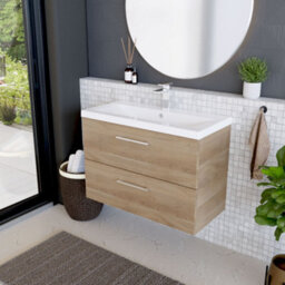 Balterley Contemporary Bathroom Wall Hung 2 Soft-Close Drawer Vanity Unit & Mid-Edge Ceramic Basin, Bleached Oak, 800 mm - thumbnail 4
