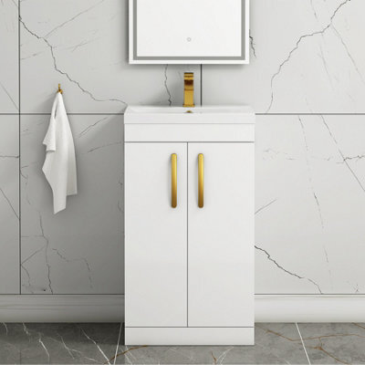 Royal Bathrooms Turin Gloss White 500mm Floor Standing Vanity Unit 2 Door With Mid-Edge Basin Sink & Brushed Brass Handles - image 1