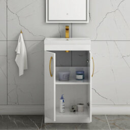 Royal Bathrooms Turin Gloss White 500mm Floor Standing Vanity Unit 2 Door With Mid-Edge Basin Sink & Brushed Brass Handles - thumbnail 3