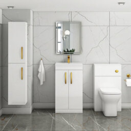 Royal Bathrooms Turin Gloss White 500mm Floor Standing Vanity Unit 2 Door With Mid-Edge Basin Sink & Brushed Brass Handles - thumbnail 2