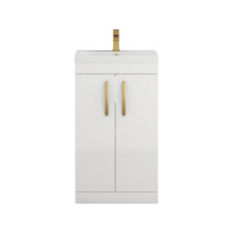 Royal Bathrooms Turin Gloss White 500mm Floor Standing Vanity Unit 2 Door With Mid-Edge Basin Sink & Brushed Brass Handles - thumbnail 6
