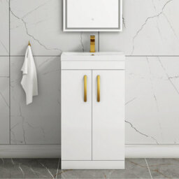 Royal Bathrooms Turin Gloss White 500mm Floor Standing Vanity Unit 2 Door With Mid-Edge Basin Sink & Brushed Brass Handles - thumbnail 1
