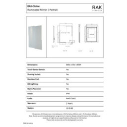 RAK Ceramics Rak Citrine 600X800 Rectangular Illuminated Bathroom Mirror With Touch Sensor & Demister - thumbnail 2