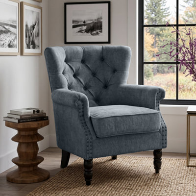 Tufted Denim Blue Accent Chair Liana With Black Wooden Legs - Small Living Room Fabric Armchair - image 1
