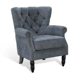 Tufted Denim Blue Accent Chair Liana With Black Wooden Legs - Small Living Room Fabric Armchair - thumbnail 3
