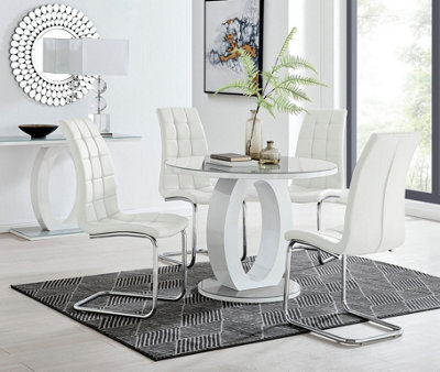 Furniturebox Giovani Round 4 Seat 100Cm White High Gloss Unique Halo Base Grey Glass Top Dining Table 4 White Faux Leather Murano Chairs - image 1
