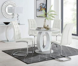 Furniturebox Giovani Round 4 Seat 100Cm White High Gloss Unique Halo Base Grey Glass Top Dining Table 4 White Faux Leather Murano Chairs - thumbnail 1