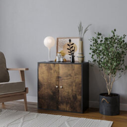 Urbn-Living Urbnliving Height 60Cm 2 Tier Wooden Storage Cabinet Side Furniture Color Black With Rustic Brown Door Cupboard Bedroom Hallway - thumbnail 1