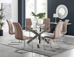 Furniturebox Uk Vogue Large Round Chrome Metal Clear Glass Dining Table And 6 Cappuccino Beige Murano Dining Chairs Set - thumbnail 1