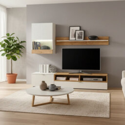 Roco Modern Modular Tv Wall Unit White And Golden Oak Finish With Stylish Storage Solutions Led Lights - thumbnail 5