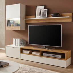Roco Modern Modular Tv Wall Unit White And Golden Oak Finish With Stylish Storage Solutions Led Lights - thumbnail 2