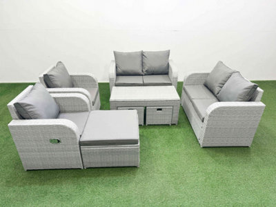 Fimous 9 Seater Outdoor Reclining Chair Love Sofa Set Rattan Garden Furniture Set Oblong Coffee Table 3 Stools Light Grey - image 1