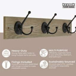 Keypak Rustic Wall Mounted Coat Rack - Heavy-Duty 54 Cm Wide Tri Iron Hooks, Black Coat Hanger For Winter Coats, Hats, Jackets - thumbnail 2