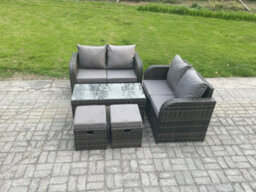 Fimous Patio Garden Furniture Sets Wicker Outdoor Rattan Furniture Sofa Sets With Rectangular Coffee Table 2 Small Footstools - thumbnail 2