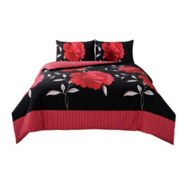 Reversible Floral Duvet Set Elegant Flower Stripe Pattern Bedding For Home Decor Red - thumbnail 2
