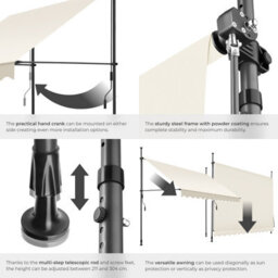 Tectake Awning With Hand Crank - Pressure Fitted , Height Adjustable 300 X 180 Cm - Beige - thumbnail 5