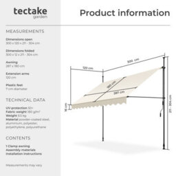 Tectake Awning With Hand Crank - Pressure Fitted , Height Adjustable 300 X 180 Cm - Beige - thumbnail 6
