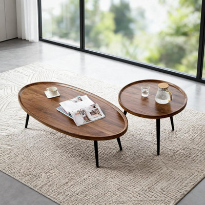 London Boutique Round Nesting Coffee Table Set Of 2, Wooden Top Side Tables, Steel Legs, Living Room, Bedroom, Small Space - image 1