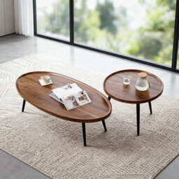 London Boutique Round Nesting Coffee Table Set Of 2, Wooden Top Side Tables, Steel Legs, Living Room, Bedroom, Small Space