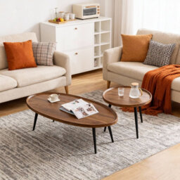 London Boutique Round Nesting Coffee Table Set Of 2, Wooden Top Side Tables, Steel Legs, Living Room, Bedroom, Small Space - thumbnail 2