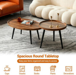 London Boutique Round Nesting Coffee Table Set Of 2, Wooden Top Side Tables, Steel Legs, Living Room, Bedroom, Small Space - thumbnail 5
