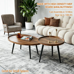 London Boutique Round Nesting Coffee Table Set Of 2, Wooden Top Side Tables, Steel Legs, Living Room, Bedroom, Small Space - thumbnail 8