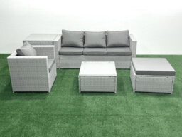 Fimous Garden Outdoor Furniture Set 5 Seater Rattan Sofa Set Big Stool Armchair Side Table Light Grey - thumbnail 2