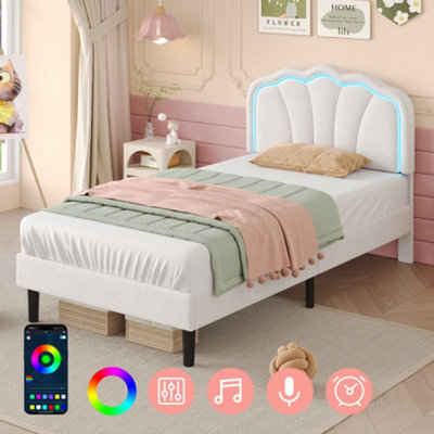 Modernluxe 3Ft Single Bed, 90X190 Cm, With Led Adjustable Shell Shape Headboard, Solid Wood Slat, Velvet, White - image 1