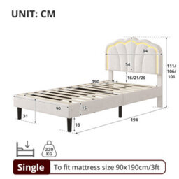 Modernluxe 3Ft Single Bed, 90X190 Cm, With Led Adjustable Shell Shape Headboard, Solid Wood Slat, Velvet, White - thumbnail 4