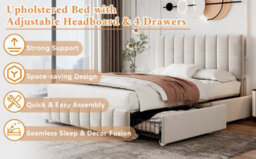 Btm 4Ft6 Double Upholstered Bed With 4 Storage Drawers Velvet Platform Frame Adjustable Channel Tufted Headboard Beige No Mattress - thumbnail 8