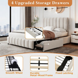 Btm 4Ft6 Double Upholstered Bed With 4 Storage Drawers Velvet Platform Frame Adjustable Channel Tufted Headboard Beige No Mattress - thumbnail 5