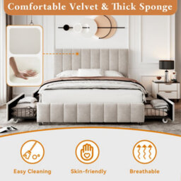 Btm 4Ft6 Double Upholstered Bed With 4 Storage Drawers Velvet Platform Frame Adjustable Channel Tufted Headboard Beige No Mattress - thumbnail 6
