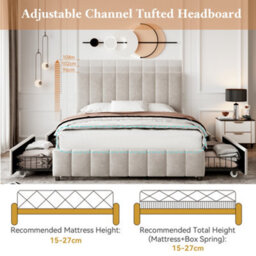 Btm 4Ft6 Double Upholstered Bed With 4 Storage Drawers Velvet Platform Frame Adjustable Channel Tufted Headboard Beige No Mattress - thumbnail 4