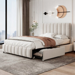 Btm 4Ft6 Double Upholstered Bed With 4 Storage Drawers Velvet Platform Frame Adjustable Channel Tufted Headboard Beige No Mattress - thumbnail 2