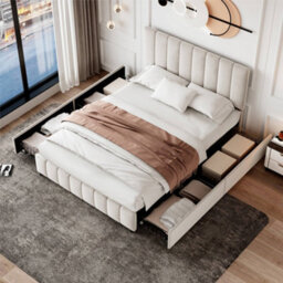 Btm 4Ft6 Double Upholstered Bed With 4 Storage Drawers Velvet Platform Frame Adjustable Channel Tufted Headboard Beige No Mattress - thumbnail 3