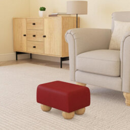 Poppy Red Natural Wood Bun Feet Faux Leather Small Footstool  Handmade Uk By Footstools Direct