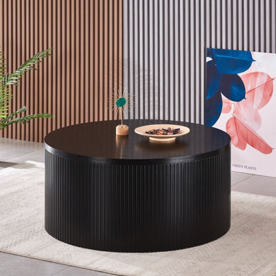 PureLifestyleWonders Designer Black Coffee Table With Wood Grain Effect Round Sombra - image 1