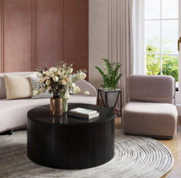 PureLifestyleWonders Designer Black Coffee Table With Wood Grain Effect Round Sombra - thumbnail 3