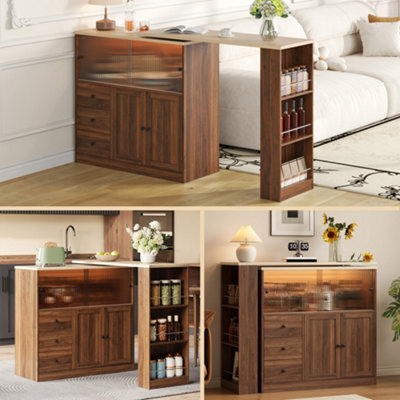 Btm Kitchen Island With Swivel Extension Table Wine Cabinet Led Lights Glass Door Drawer Storage L Shaped Bar Table - image 1