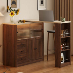 Btm Kitchen Island With Swivel Extension Table Wine Cabinet Led Lights Glass Door Drawer Storage L Shaped Bar Table - thumbnail 4