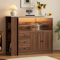 Btm Kitchen Island With Swivel Extension Table Wine Cabinet Led Lights Glass Door Drawer Storage L Shaped Bar Table - thumbnail 5