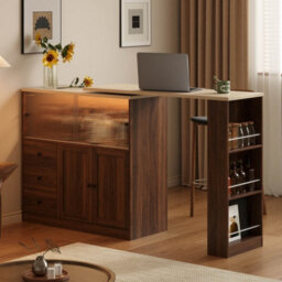 Btm Kitchen Island With Swivel Extension Table Wine Cabinet Led Lights Glass Door Drawer Storage L Shaped Bar Table - thumbnail 2