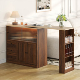 Btm Kitchen Island With Swivel Extension Table Wine Cabinet Led Lights Glass Door Drawer Storage L Shaped Bar Table - thumbnail 3