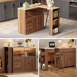 Btm Kitchen Island With Swivel Extension Table Wine Cabinet Led Lights Glass Door Drawer Storage L Shaped Bar Table - thumbnail 6