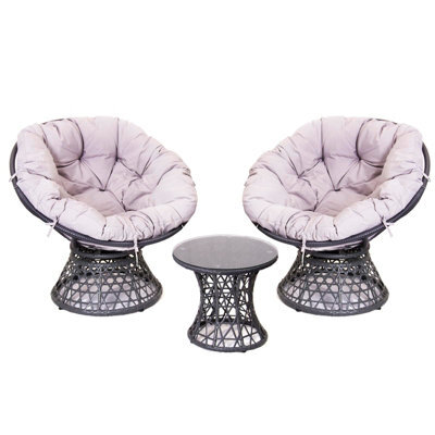 Sh&g Rattan Swivel Chairs & Table Set - 360 Papasan Moon Chairs And Table - Grey Rattan With Grey Cushions - Indoor & Outdoor - image 1