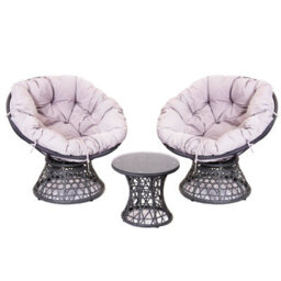 Sh&g Rattan Swivel Chairs & Table Set - 360 Papasan Moon Chairs And Table - Grey Rattan With Grey Cushions - Indoor & Outdoor - thumbnail 1