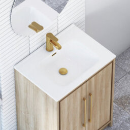Royal Bathrooms Livora 600mm Natural Oak Floor Standing Bathroom Vanity Unit 2 Door With Ceramic Basin & Brushed Brass Handle - thumbnail 5