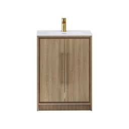 Royal Bathrooms Livora 600mm Natural Oak Floor Standing Bathroom Vanity Unit 2 Door With Ceramic Basin & Brushed Brass Handle - thumbnail 6
