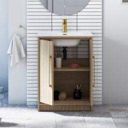 Royal Bathrooms Livora 600mm Natural Oak Floor Standing Bathroom Vanity Unit 2 Door With Ceramic Basin & Brushed Brass Handle - thumbnail 4